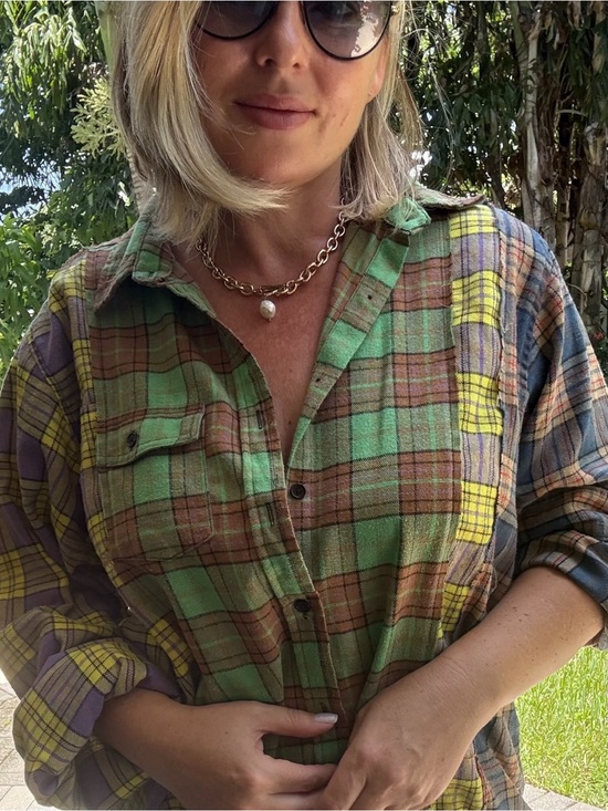 Fashion Nova Tops - Women’s Oversized Patchwork Plaid Shirt XL | Raw Edge Seam Detail | Boho